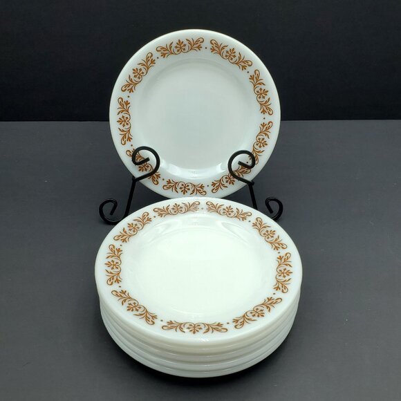 Pyrex Tableware by Corning Copper Filigree Milk Glass Bread & Butter Plates